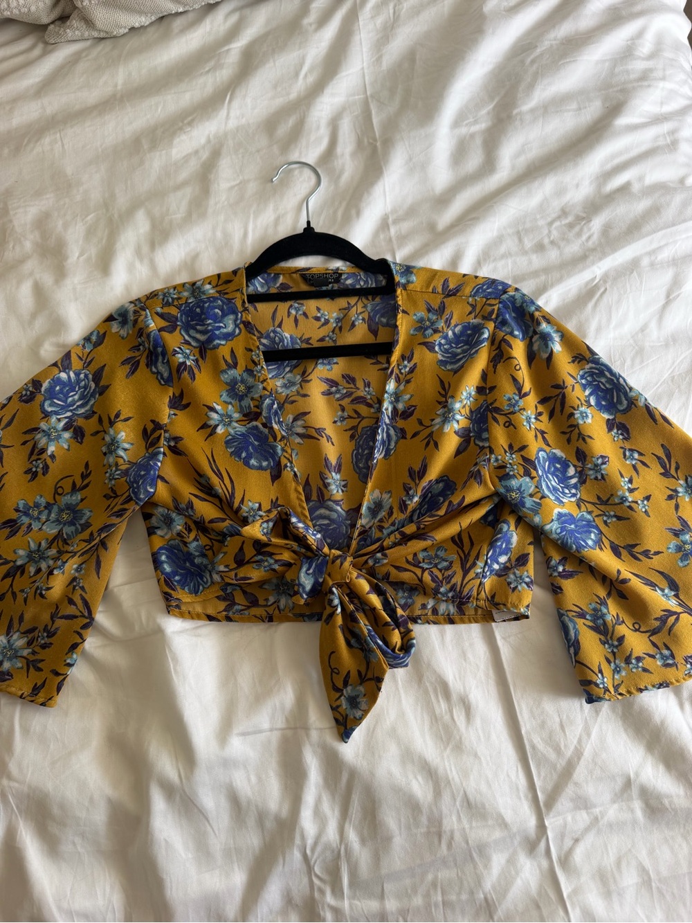 Topshop Mustard Yellow Floral Tie-Front Crop Top with Blue Roses